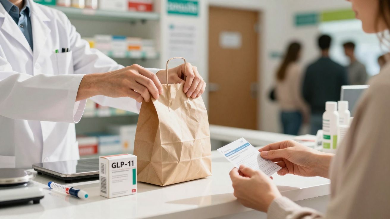 Farmacêutico entrega saco de papel com medicamentos a cliente numa farmácia.