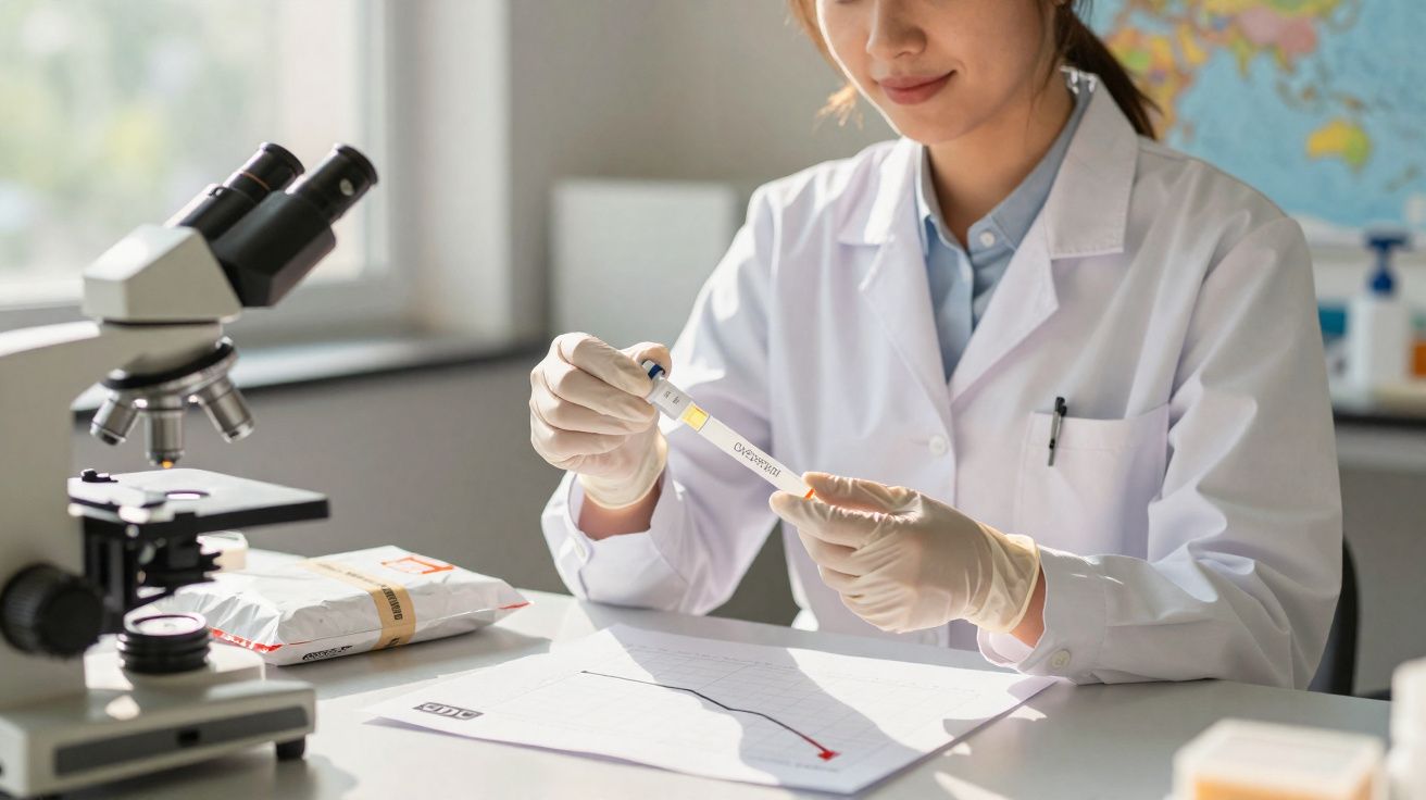 Cientista com bata branca e luvas a analisar tubo de ensaio com etiqueta Covid-19 num laboratório.