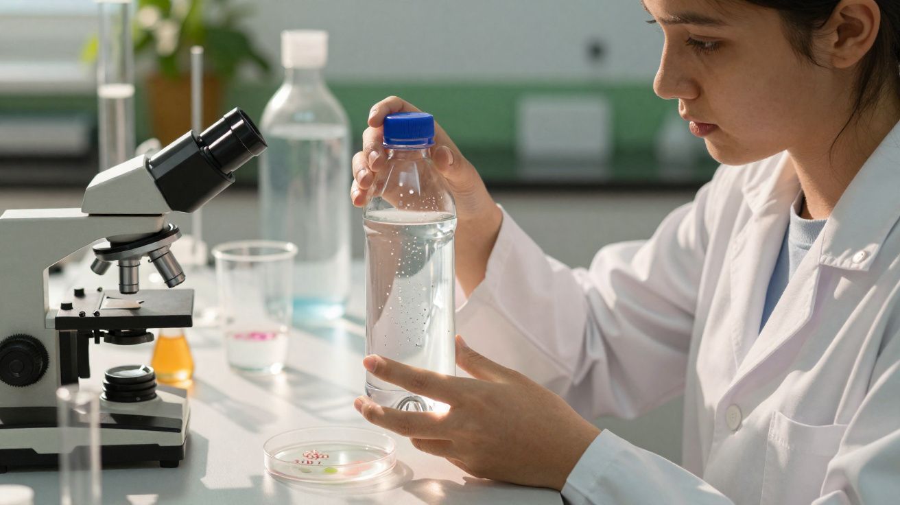 Cientista com bata branca segura frasco de água num laboratório ao lado de microscópio e placas de Petri.