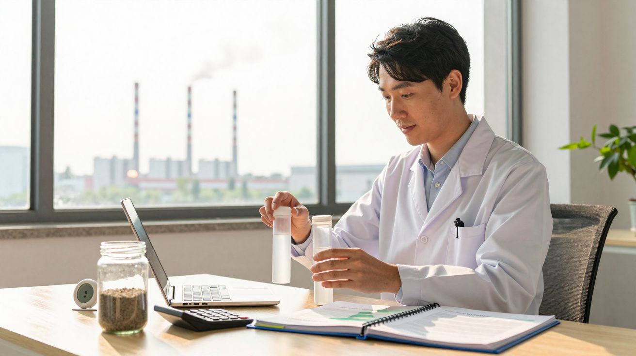 Cientista em bata branca analisa amostras em tubos de ensaio junto a computador e documentos.