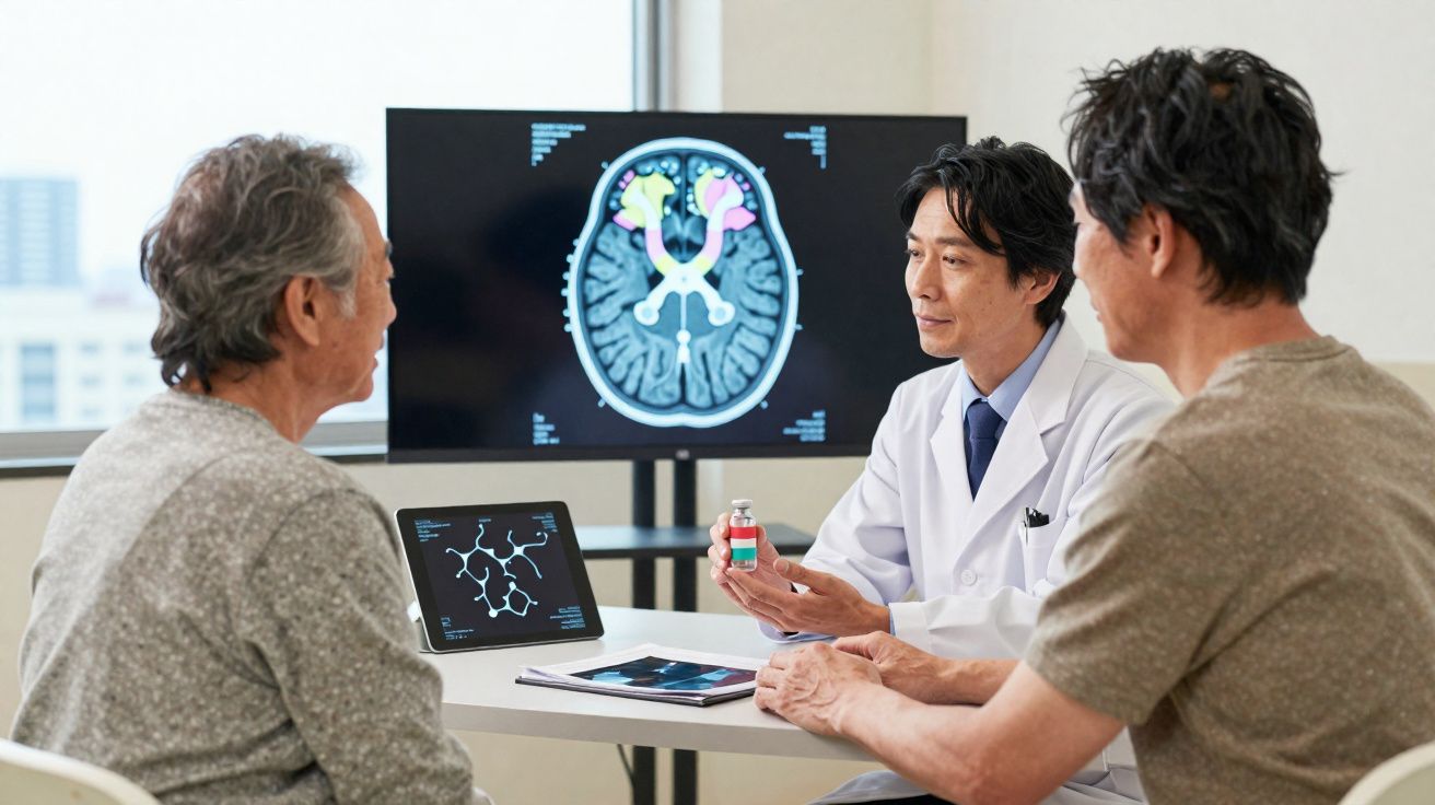 Médico explica tratamento a dois pacientes, com imagem de cérebro em ecrã e gráficos num tablet numa sala iluminada.