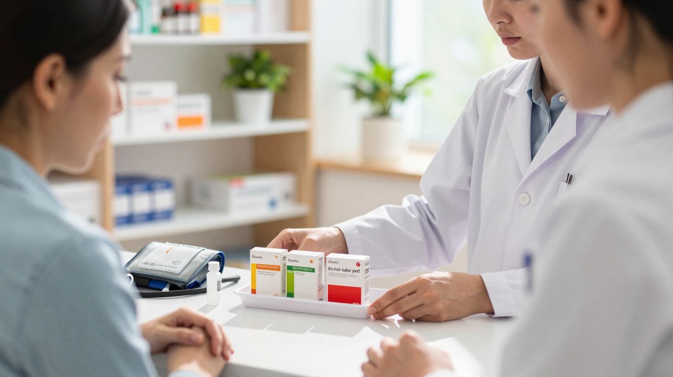 Médicos em consulta, com caixas de medicamentos sobre a mesa numa clínica moderna e luminosa.