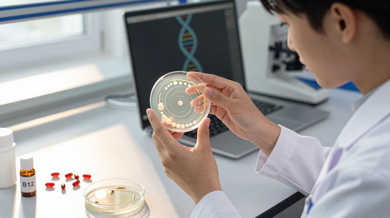 Cientista em laboratório a observar colónias de bactérias numa placa de Petri com DNA no ecrã ao fundo.