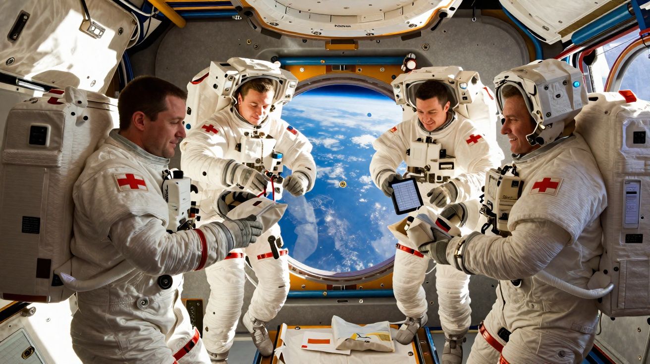 Quatro astronautas em fatos espaciais reunidos dentro de uma estação espacial com a Terra visível pela janela.