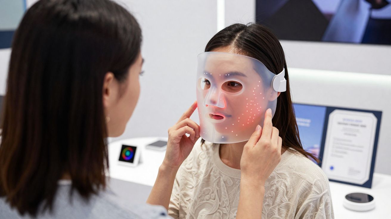 Mulher testa máscara facial luminosa numa sessão de cuidados de pele num ambiente moderno.