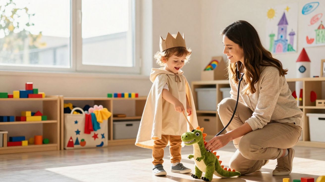 Criança vestida de príncipe brinca com dino de peluche enquanto mulher simula auscultar o brinquedo com estetoscópio.