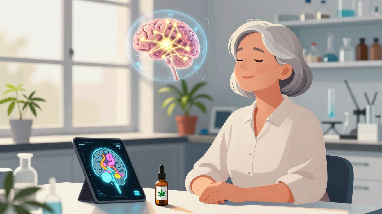 Mulher idosa sentada numa mesa de laboratório com imagens digitais do cérebro e frasco com folha de cannabis.