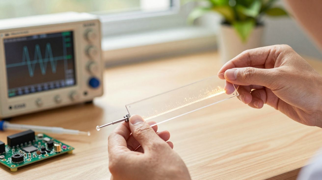 Mãos seguram vidro com faíscas elétricas, circuitos e osciloscópio num ambiente de laboratório.