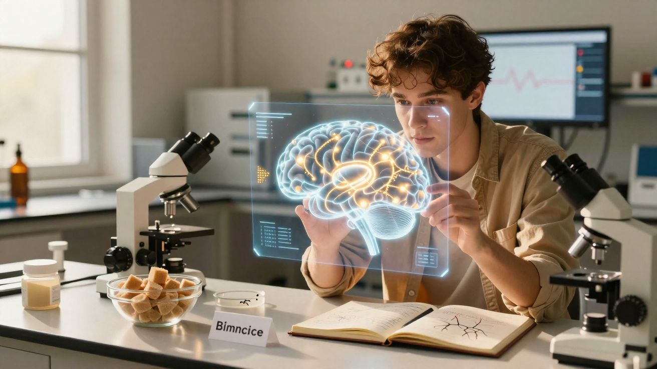 Jovem cientista analisa holograma de cérebro numa sala de laboratório com microscópios e caderno aberto.