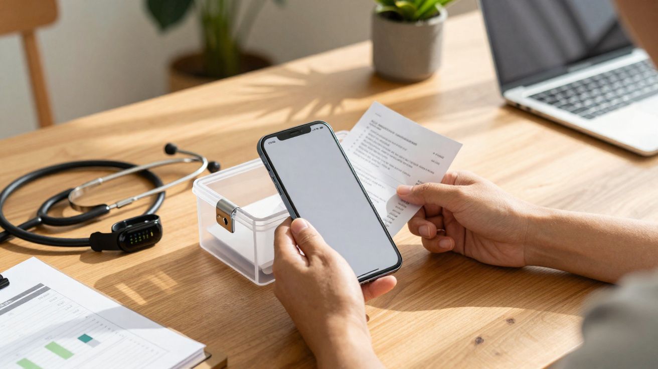 Pessoa segurando smartphone e papel de consulta médica sobre mesa com estetoscópio e portátil ao fundo.