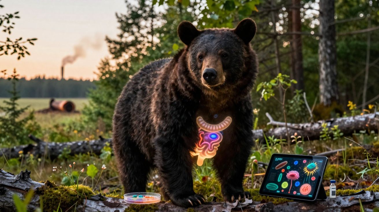 Urso castanho em floresta com ilustração digital do sistema digestivo e objetos científicos ao lado.