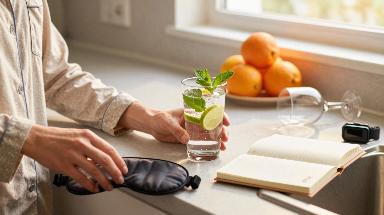 Pessoa com pijama a abrir uma máscara de dormir, segurando um copo de água com limão e hortelã na cozinha.