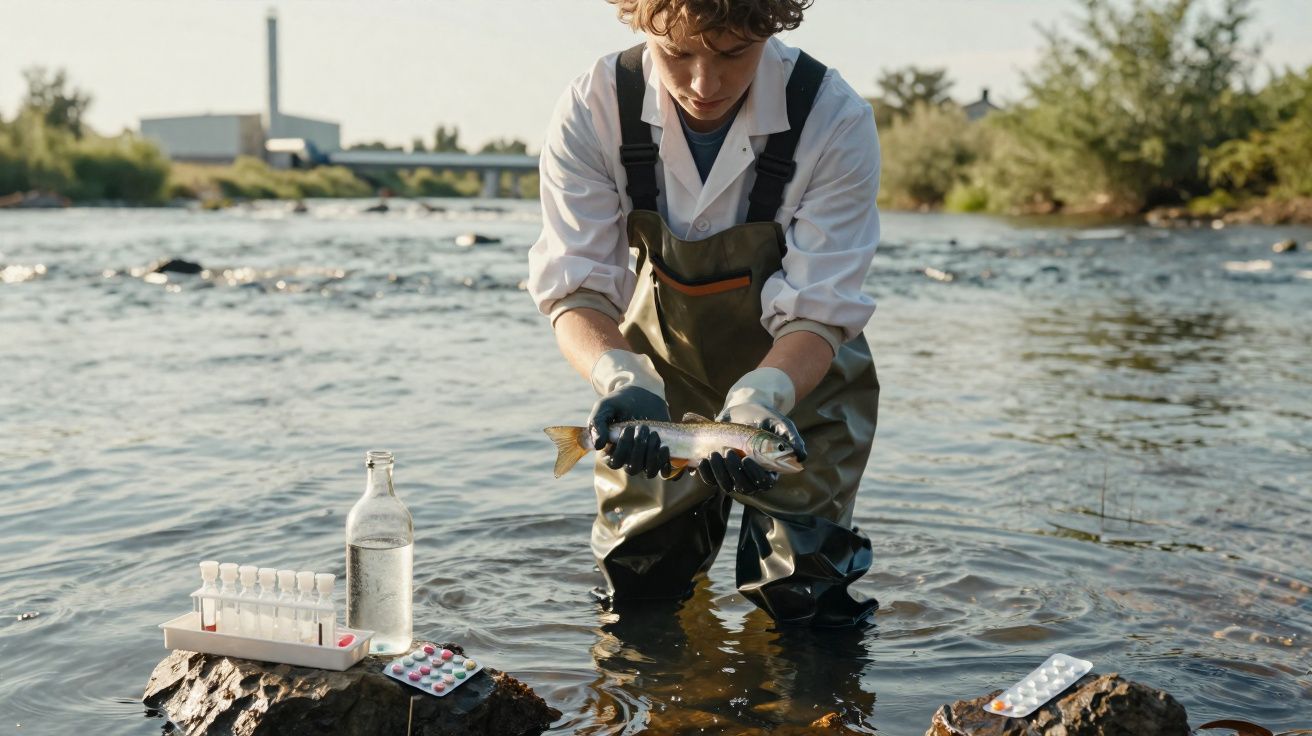 Pessoa com fato impermeável analisa peixe numa corrente de água com material de laboratório nas pedras.