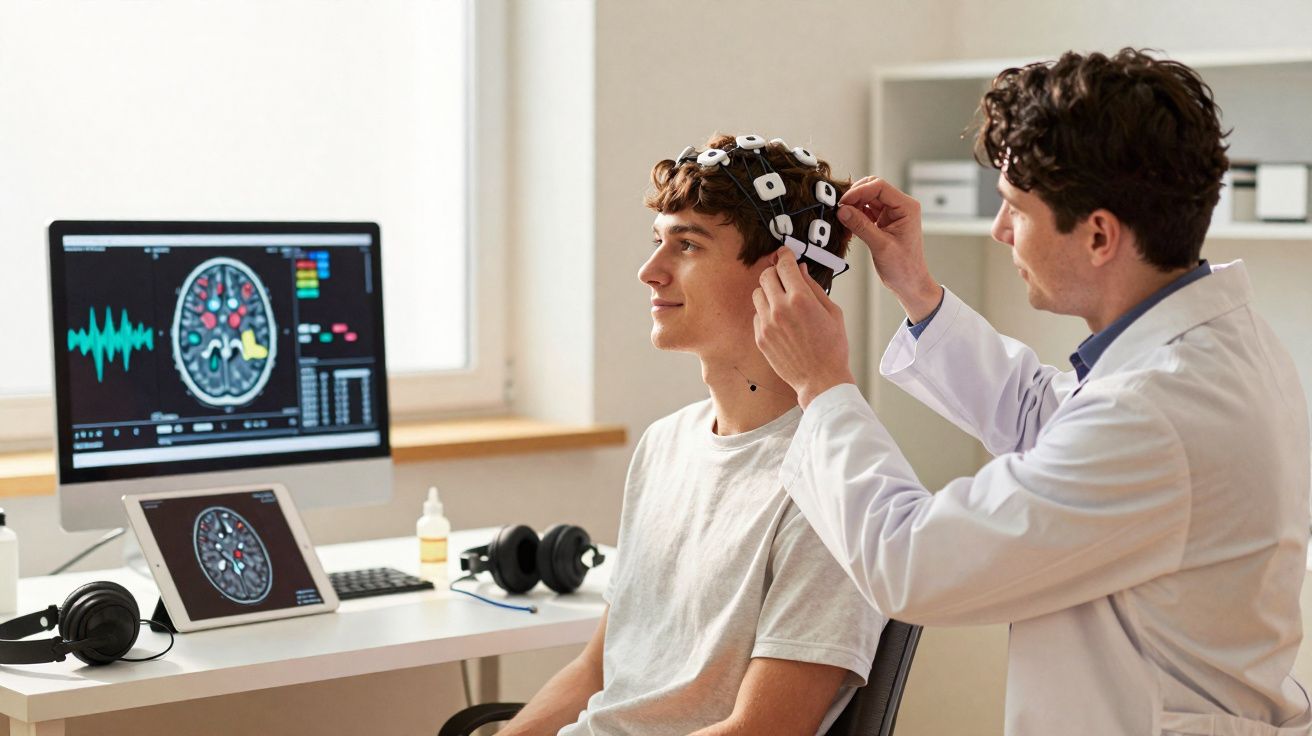 Técnico ajusta equipamento EEG na cabeça de jovem para exame cerebral em laboratório moderno.