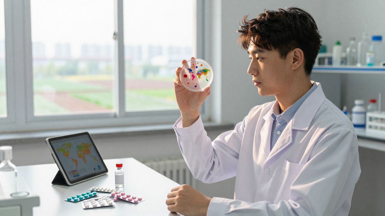 Cientista em laboratório a observar cultura bacteriana numa placa de Petri colorida.