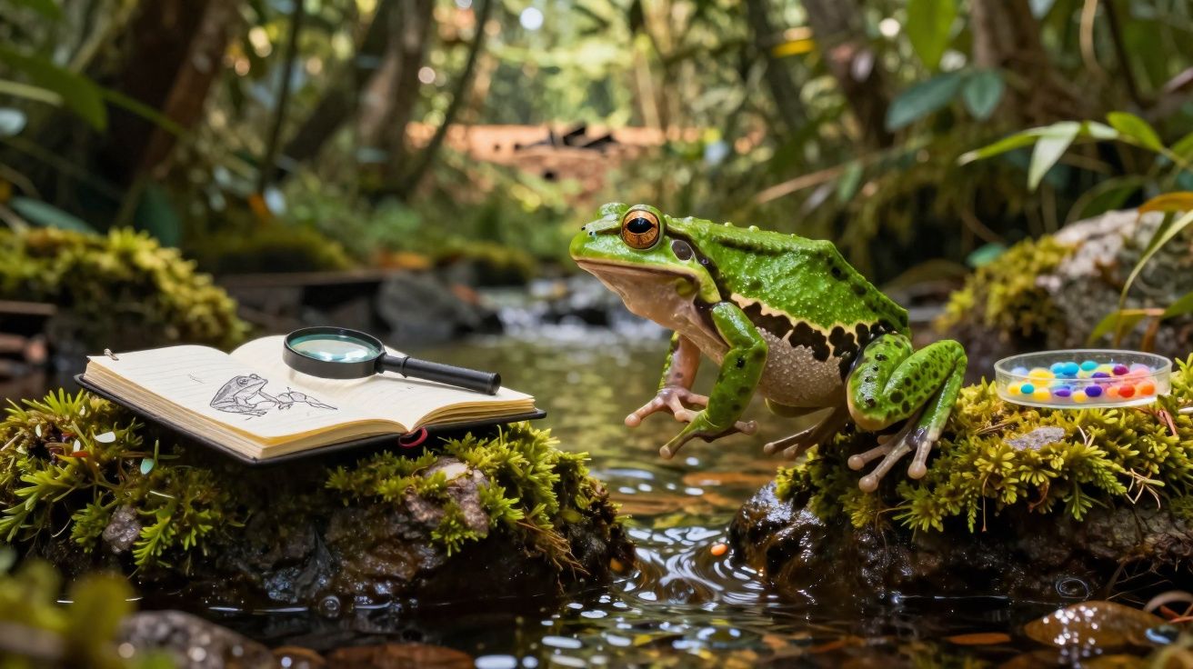 Sapo verde sentado em musgo junto a caderno, lupa e paleta de tintas num ambiente natural húmido.