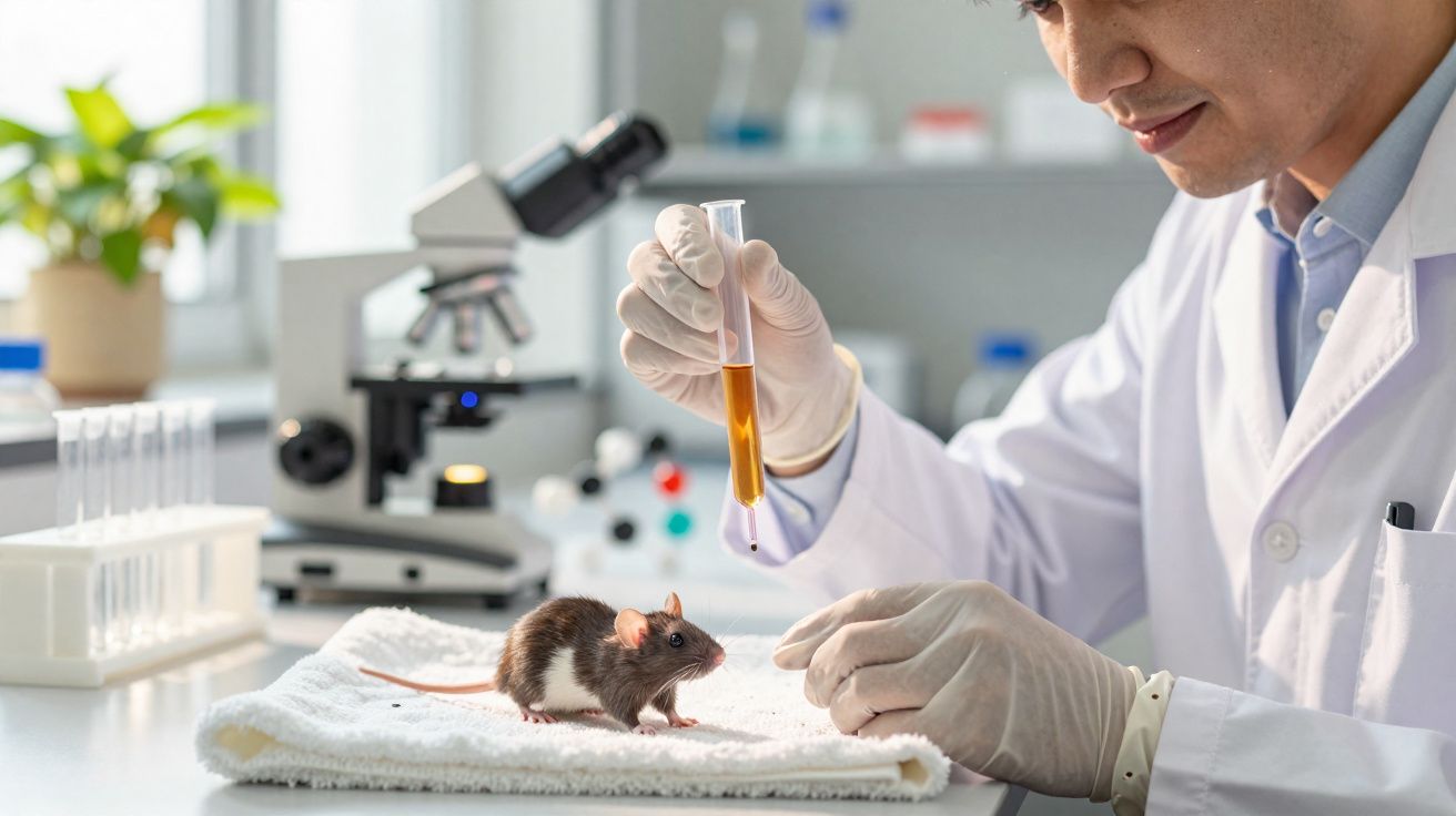 Cientista com luvas manipula tubo de ensaio com líquido perto de rato em toalha num laboratório.