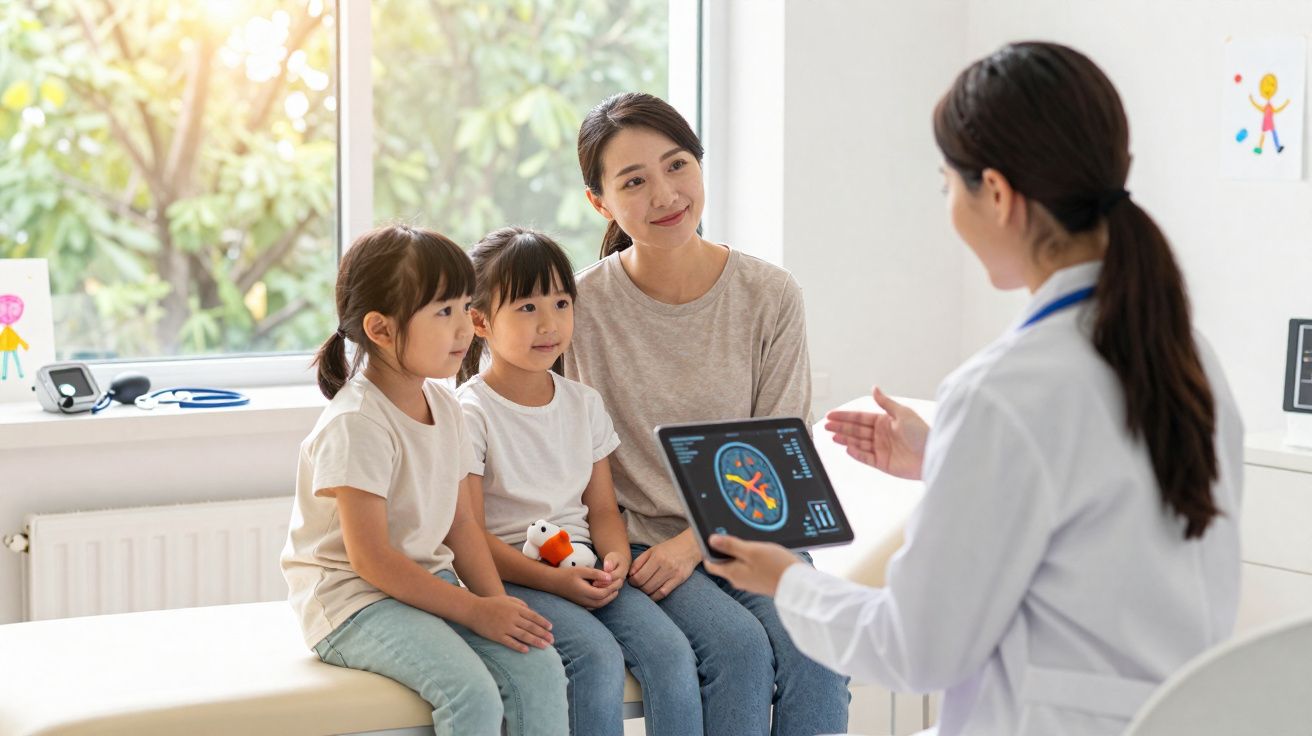 Médica mostra imagens cerebrais em tablet para mãe e duas crianças numa consulta num consultório iluminado.