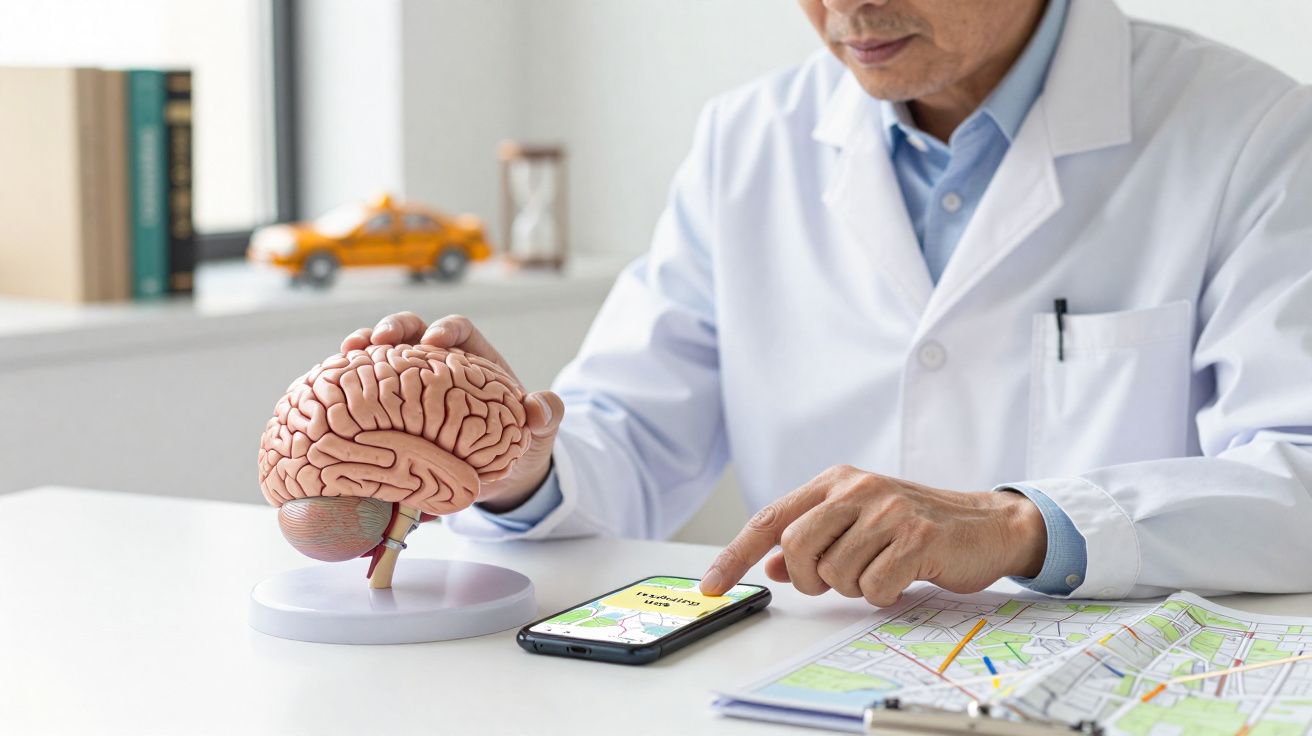 Médico em bata branca examina modelo anatómico do cérebro enquanto toca no ecrã do telemóvel numa mesa com mapas.