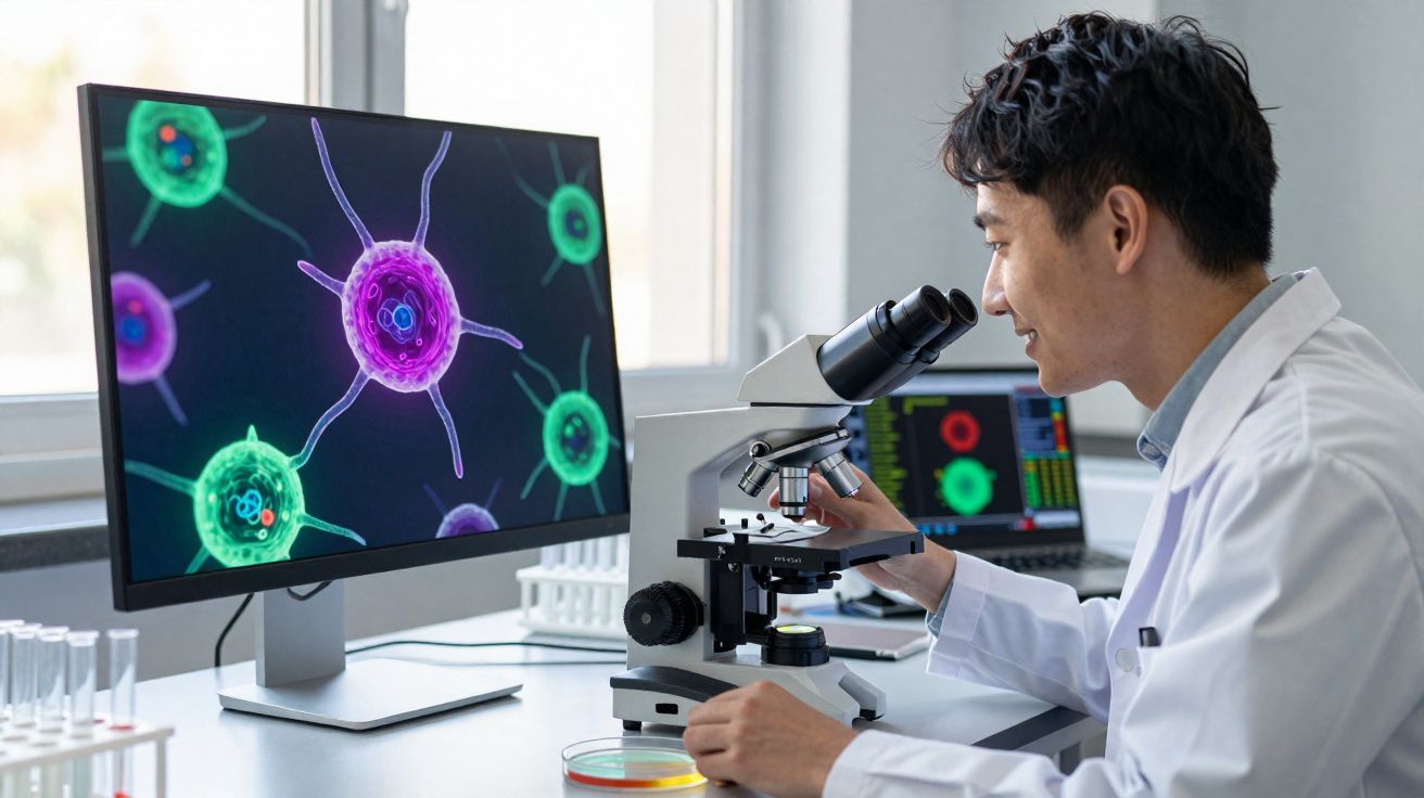 Cientista a observar microorganismos no microscópio em laboratório com imagens digitais no ecrã.