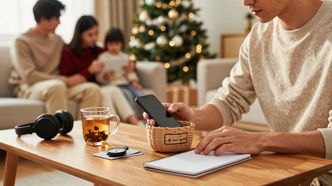 Pessoa a usar telemóvel junto a caderno, chá e auscultadores numa mesa, com família e árvore de Natal ao fundo.