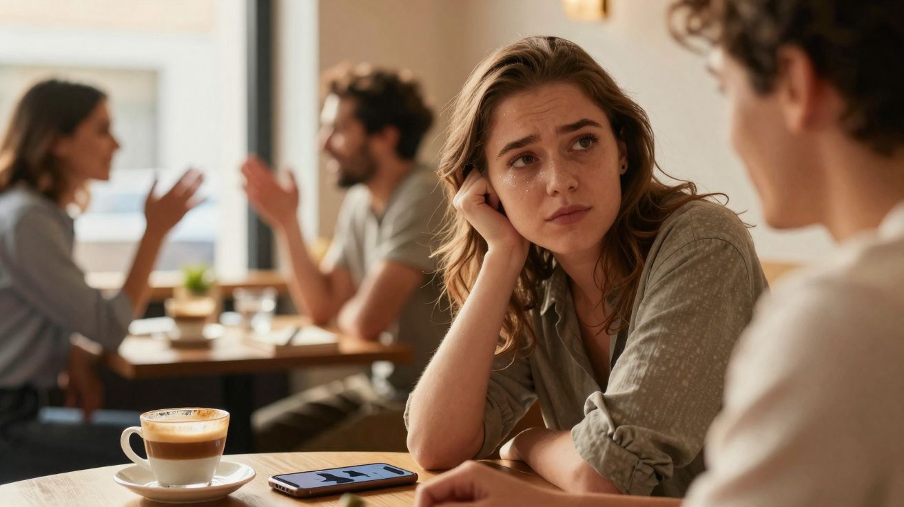 Mulher com expressão preocupada sentada à mesa com homem num café, enquanto outro casal conversa ao fundo.