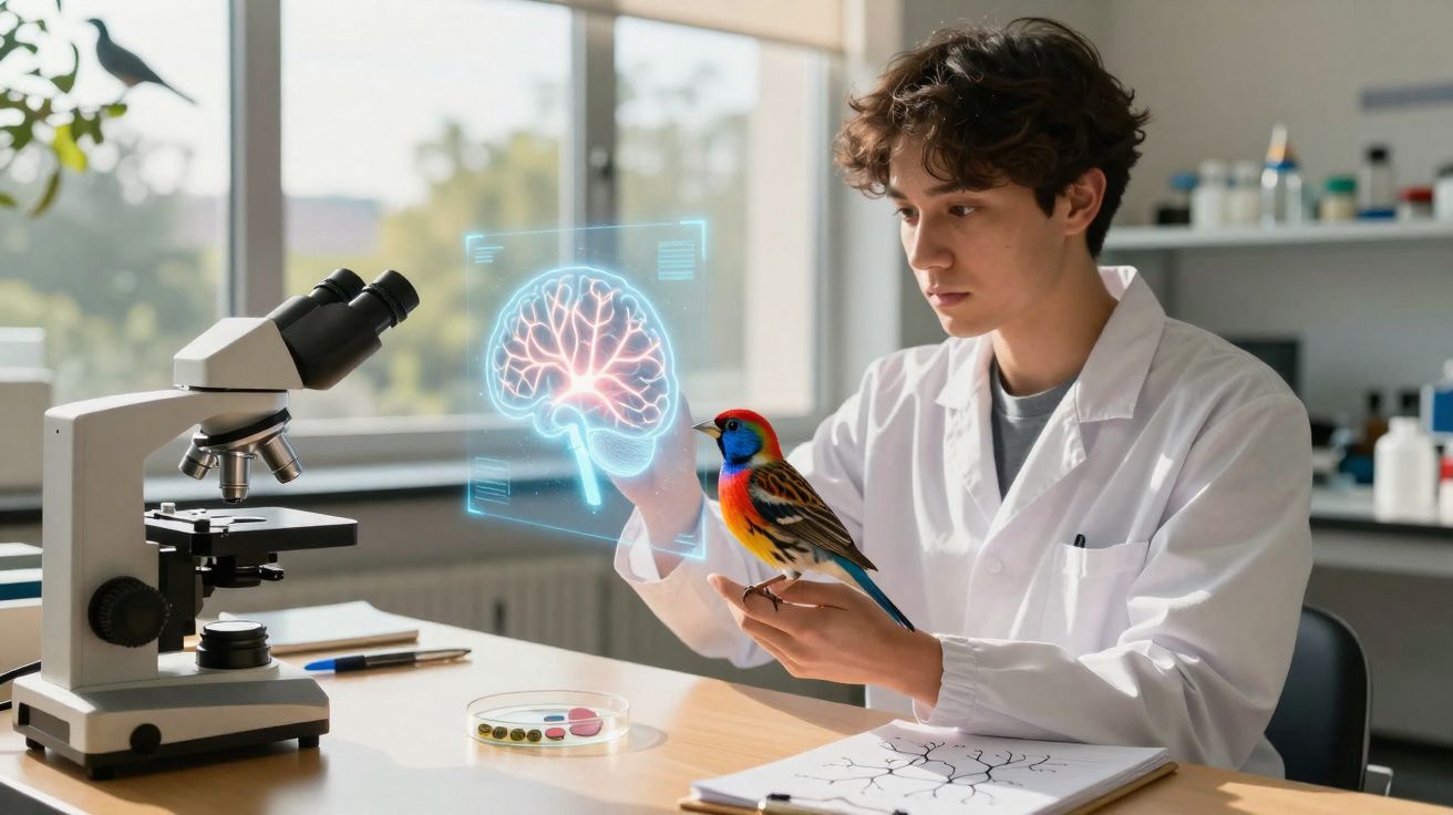 Jovem cientista em laboratório com microscópio analisa um pássaro colorido e imagem digital de cérebro.