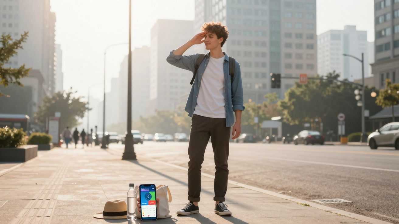 Jovem com mochila na cidade, de pé na calçada ao lado de chapéu, garrafa e sacola, olhando para longe.