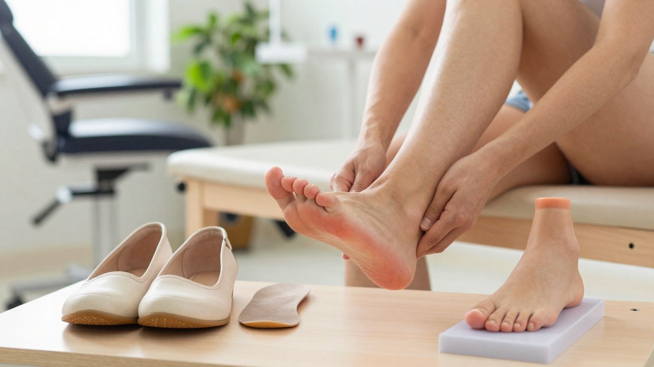 Pessoa a segurar o tornozelo com uma mão, sapatos e palmilha sobre mesa em consultório clínico.