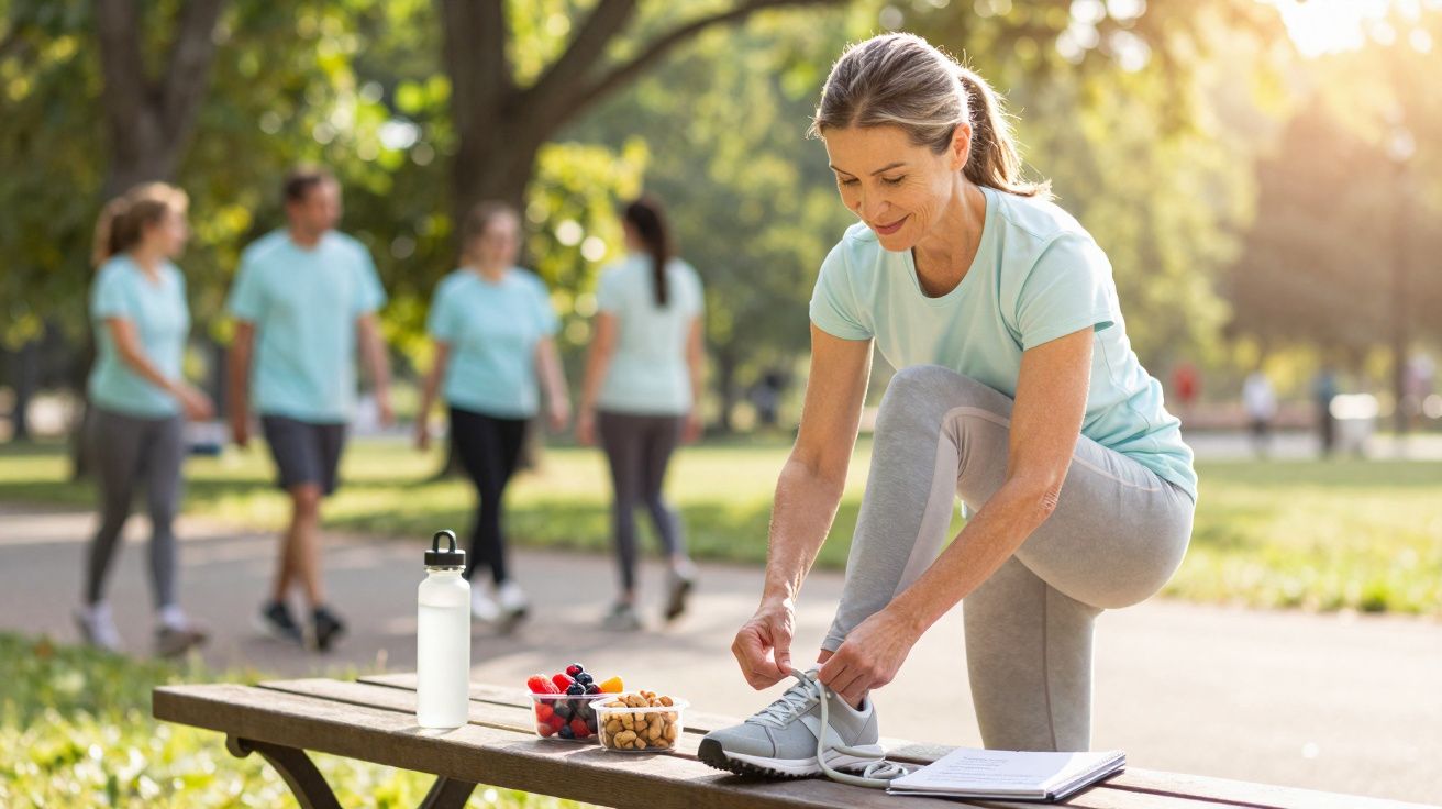 Mulher a amarrar ténis num banco de parque com pessoas a caminhar ao fundo e sol a iluminar a cena.