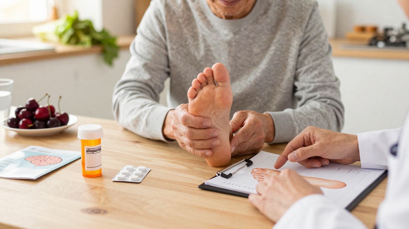 Paciente mostra o pé ao médico durante consulta, com medicamentos e desenho anatómico numa mesa de madeira.