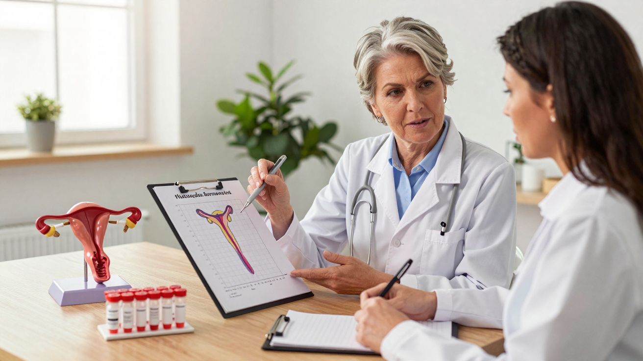 Médica explica a outra, usando modelo e gráfico do útero para consulta ginecológica num consultório.