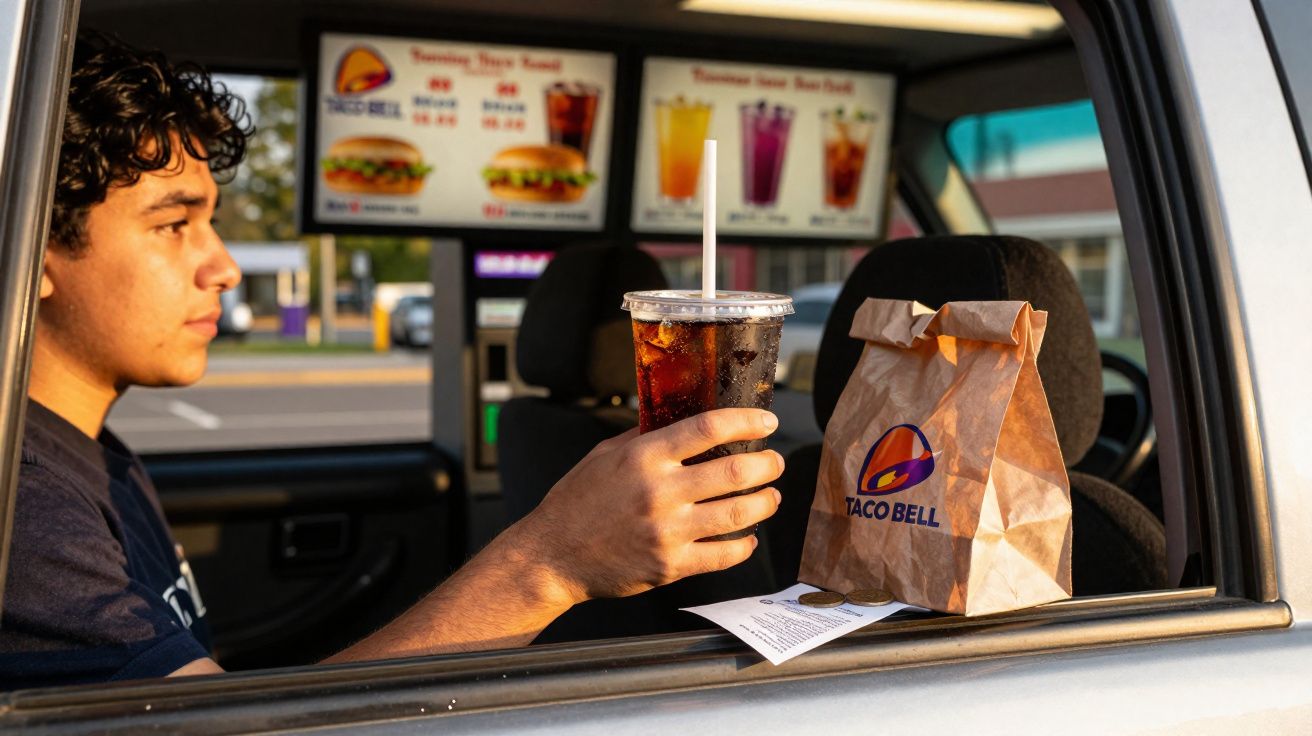 Homem sentado num carro a receber bebida de um restaurante Taco Bell no serviço de atendimento ao carro.