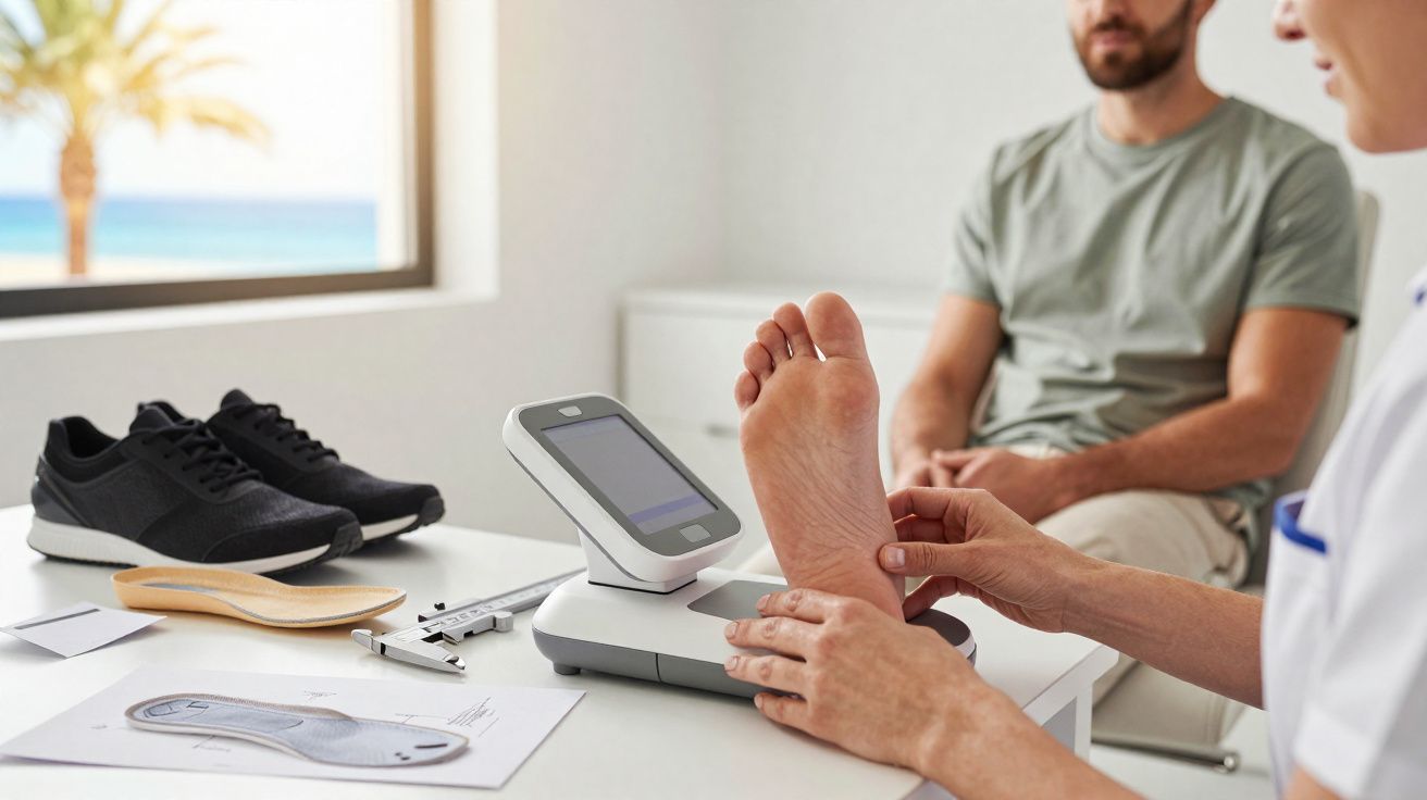 Profissional a medir pé de homem com equipamento digital para adaptar palmilhas personalizadas.