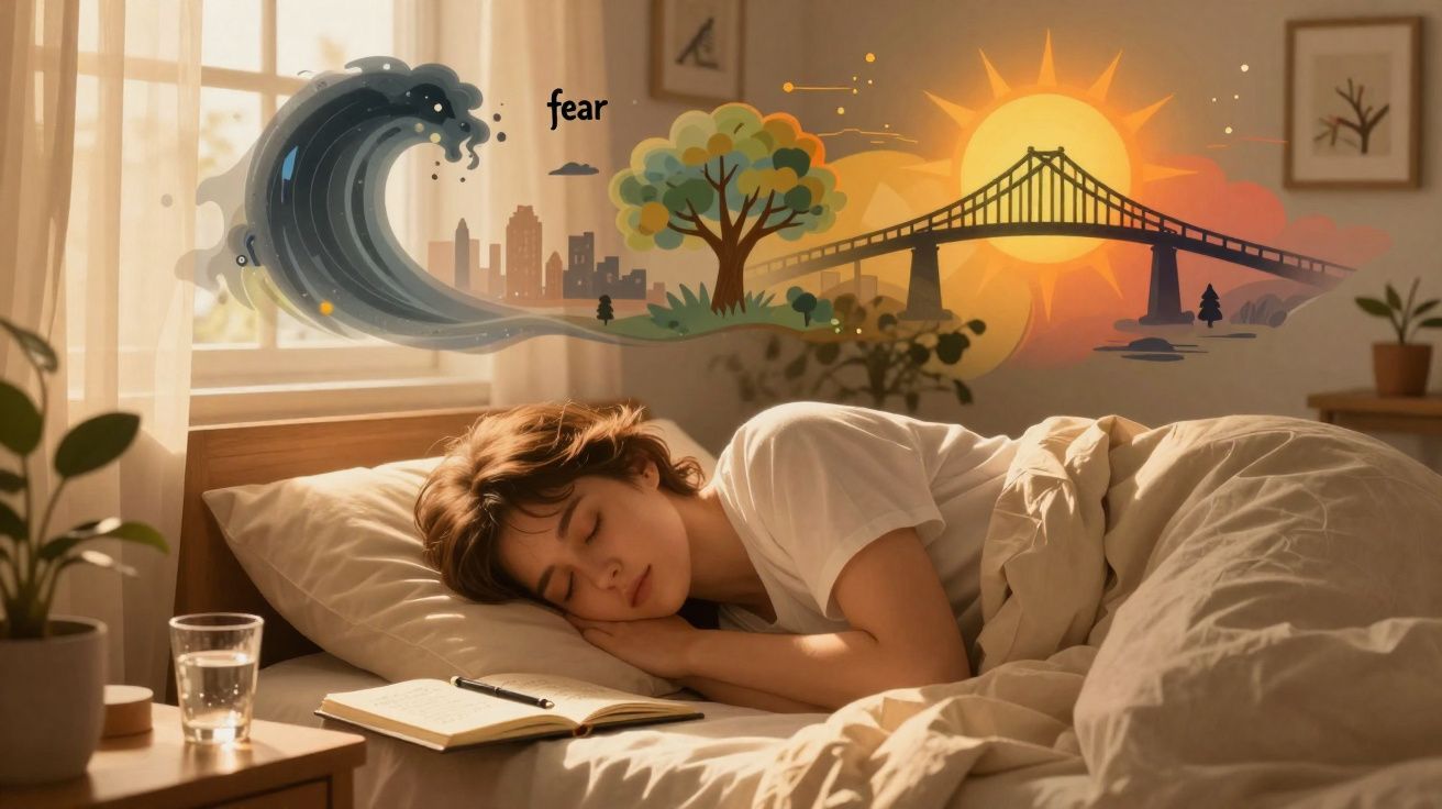 Mulher a dormir na cama com sonho de onda, cidade, medo, árvore, ponte e pôr do sol atrás dela.