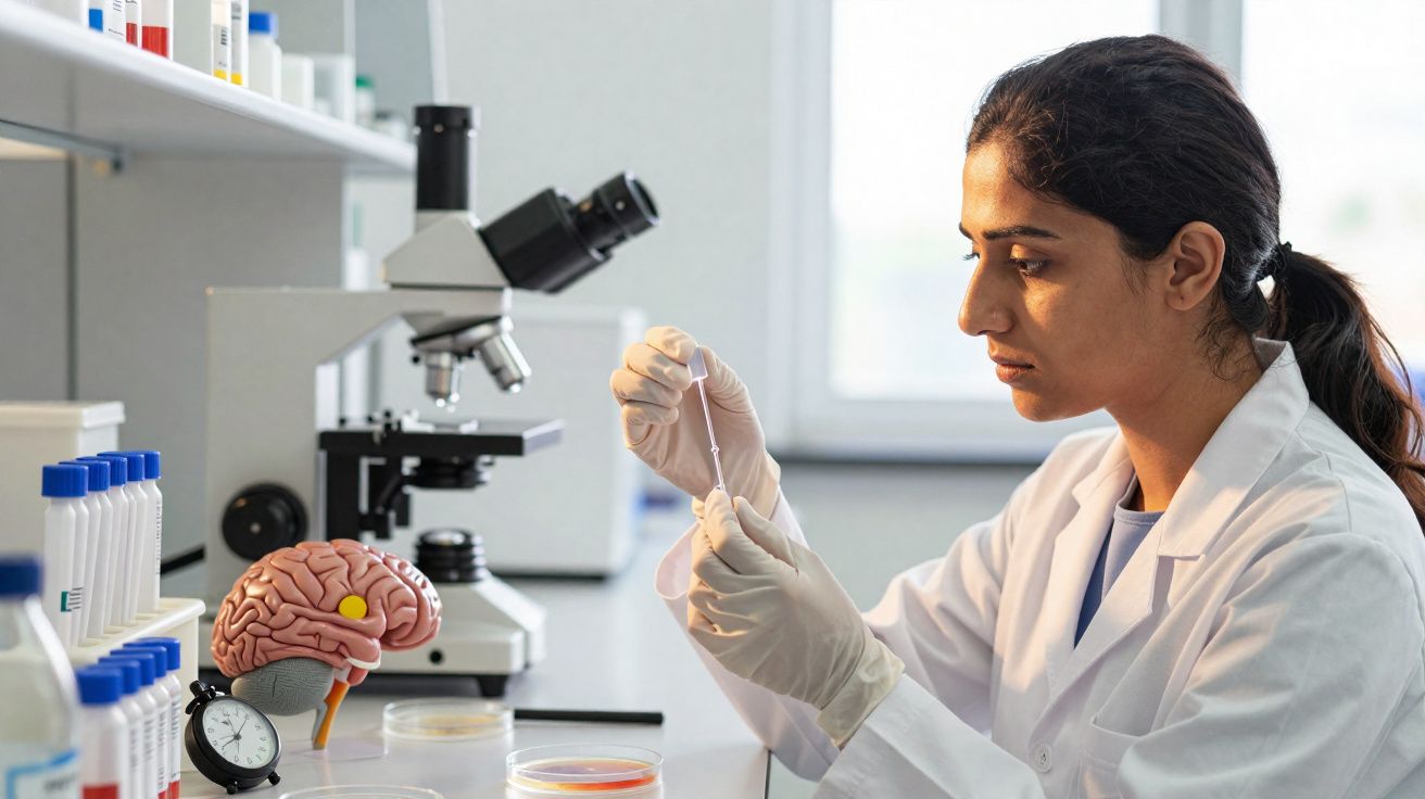 Cientista em laboratório a manipular amostra com pipeta, com modelo de cérebro e microscópio ao lado.
