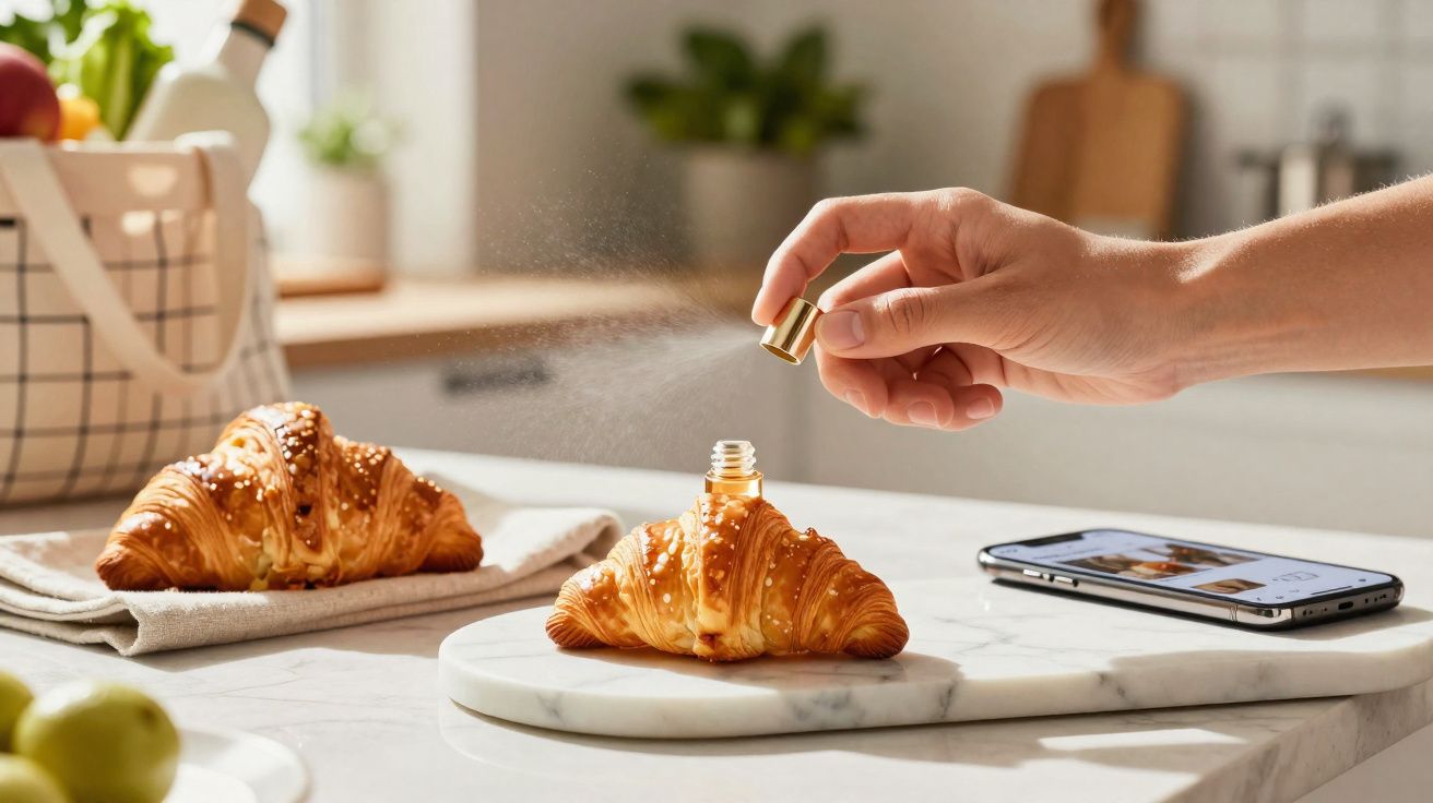 Mão a pulverizar perfume num frasco em forma de croissant numa cozinha luminosa com telemóvel ao lado.