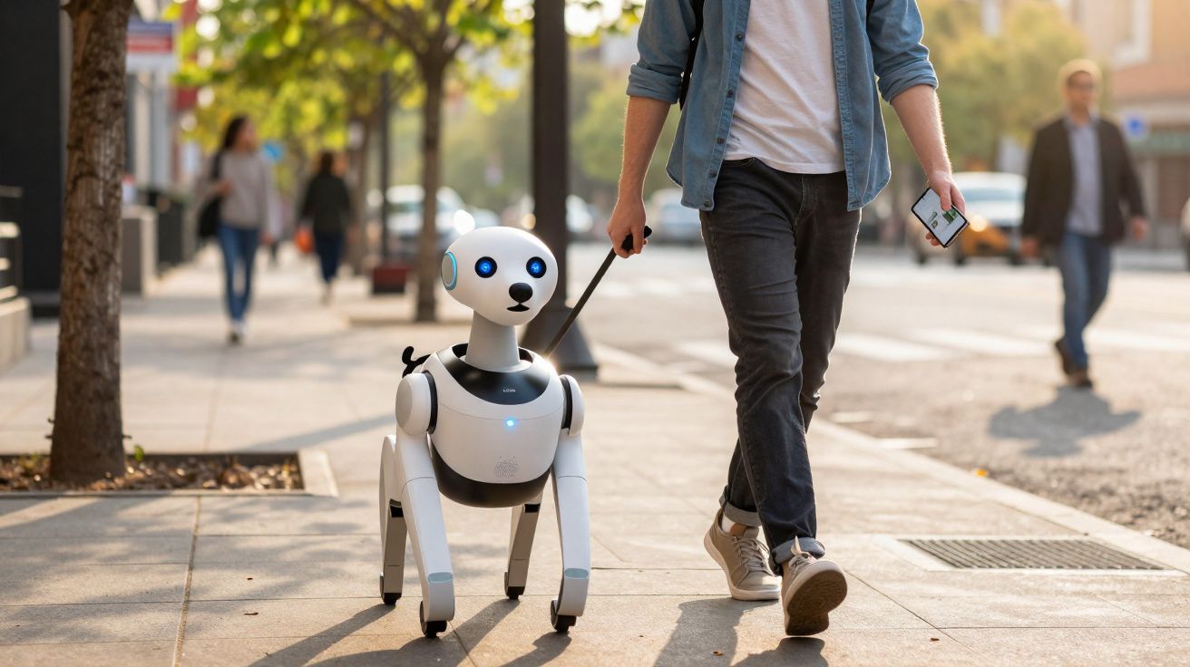 Pessoa a passear com um cão robótico branco na coleira numa calçada urbana ensolarada.