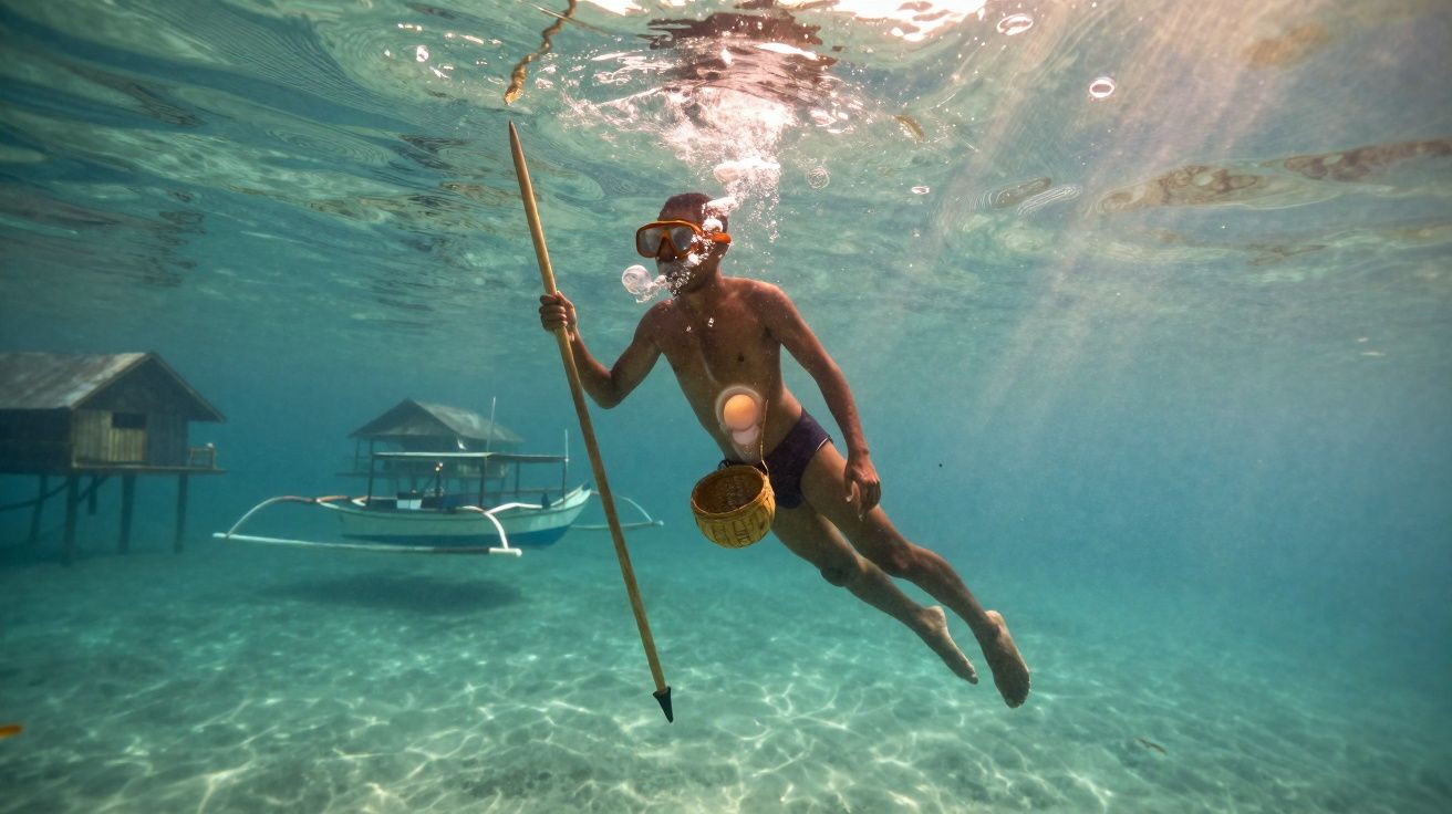 Homem a mergulhar com lança e cesto debaixo de água junto a casas sobre estacas na água.