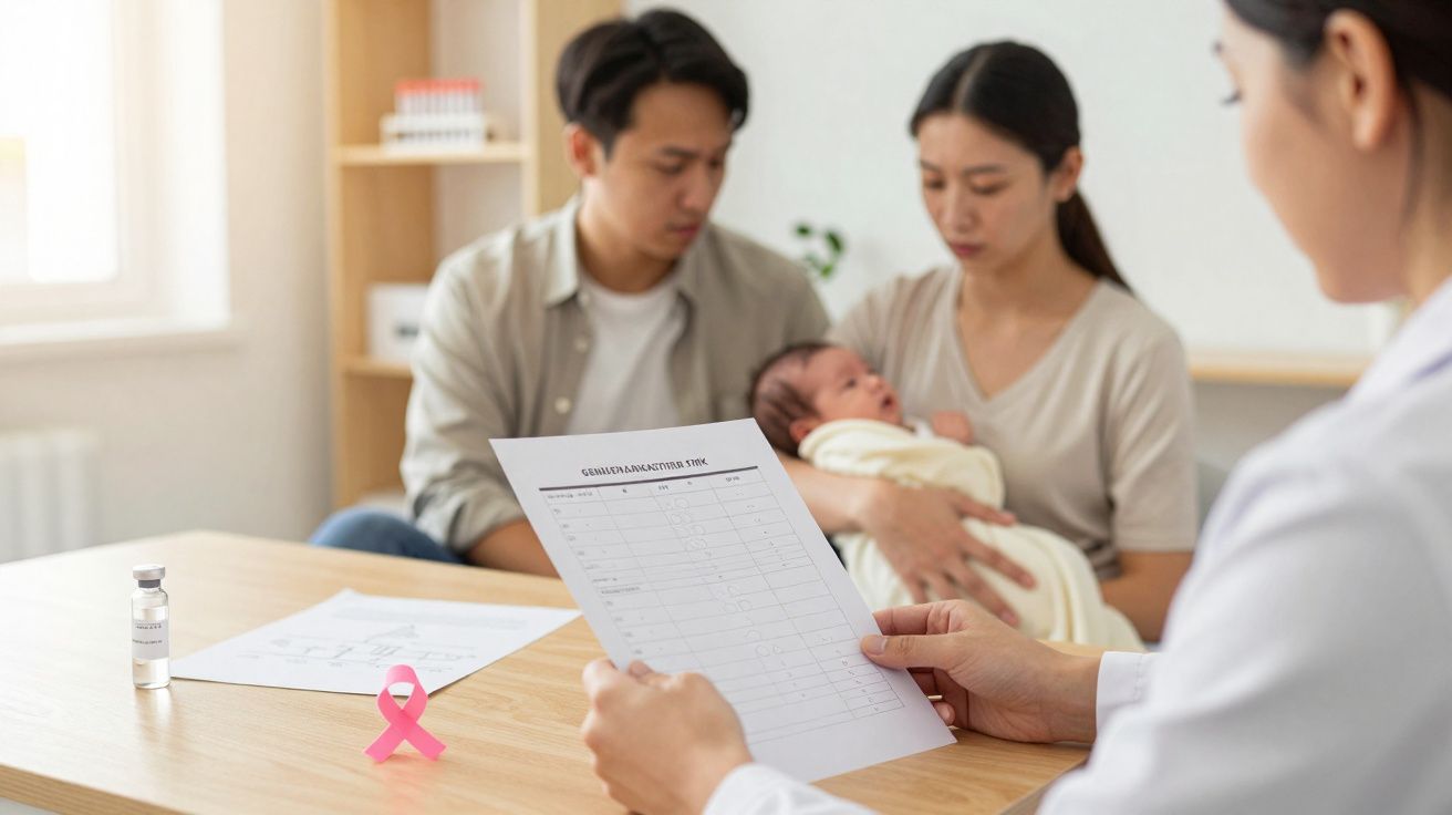 Médica a analisar exame com casal e bebé ao colo numa consulta num consultório moderno e iluminado.