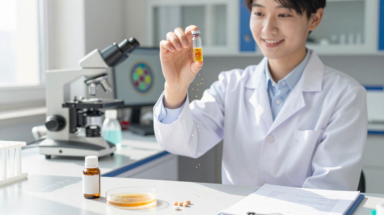 Cientista de bata branca segura frasco com líquido amarelo numa bancada de laboratório com microscópio e petri.