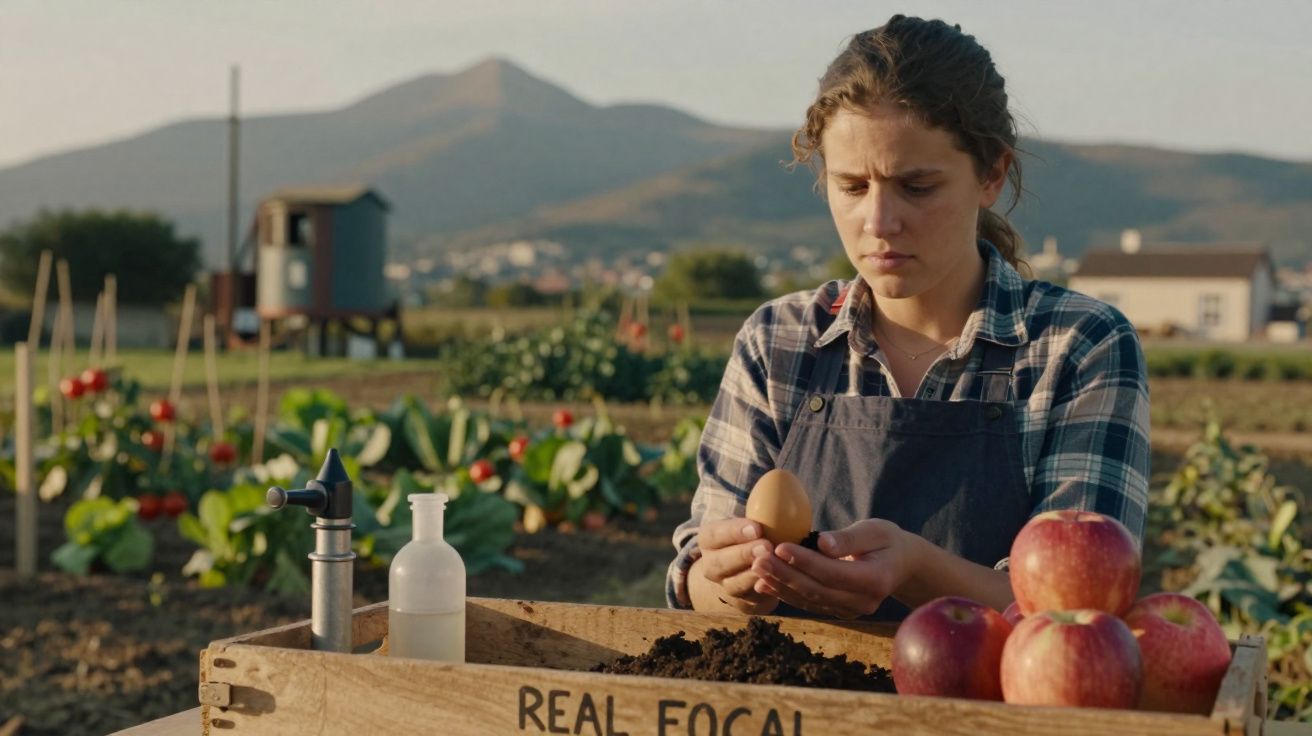 Jovem agricultora inspeciona um ovo numa quinta com montanhas ao fundo e maçãs ao lado.