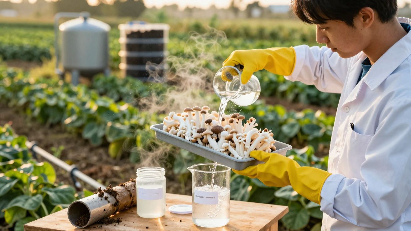 Cientista regando cogumelos com líquido transparente numa bandeja, num campo agrícola ao ar livre.