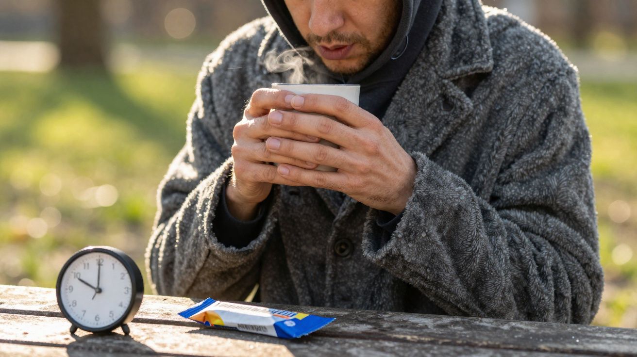 Homem de casaco quente a beber bebida quente numa chávena num banco de parque, com relógio e barra de chocolate na mesa.