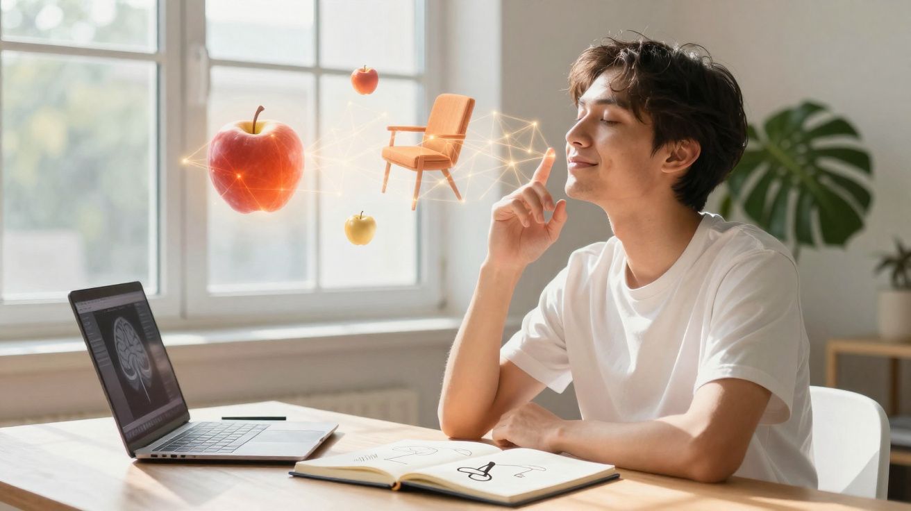 Jovem sentado à mesa com laptop e caderno, visualizando hologramas de maçãs e uma cadeira à sua frente.