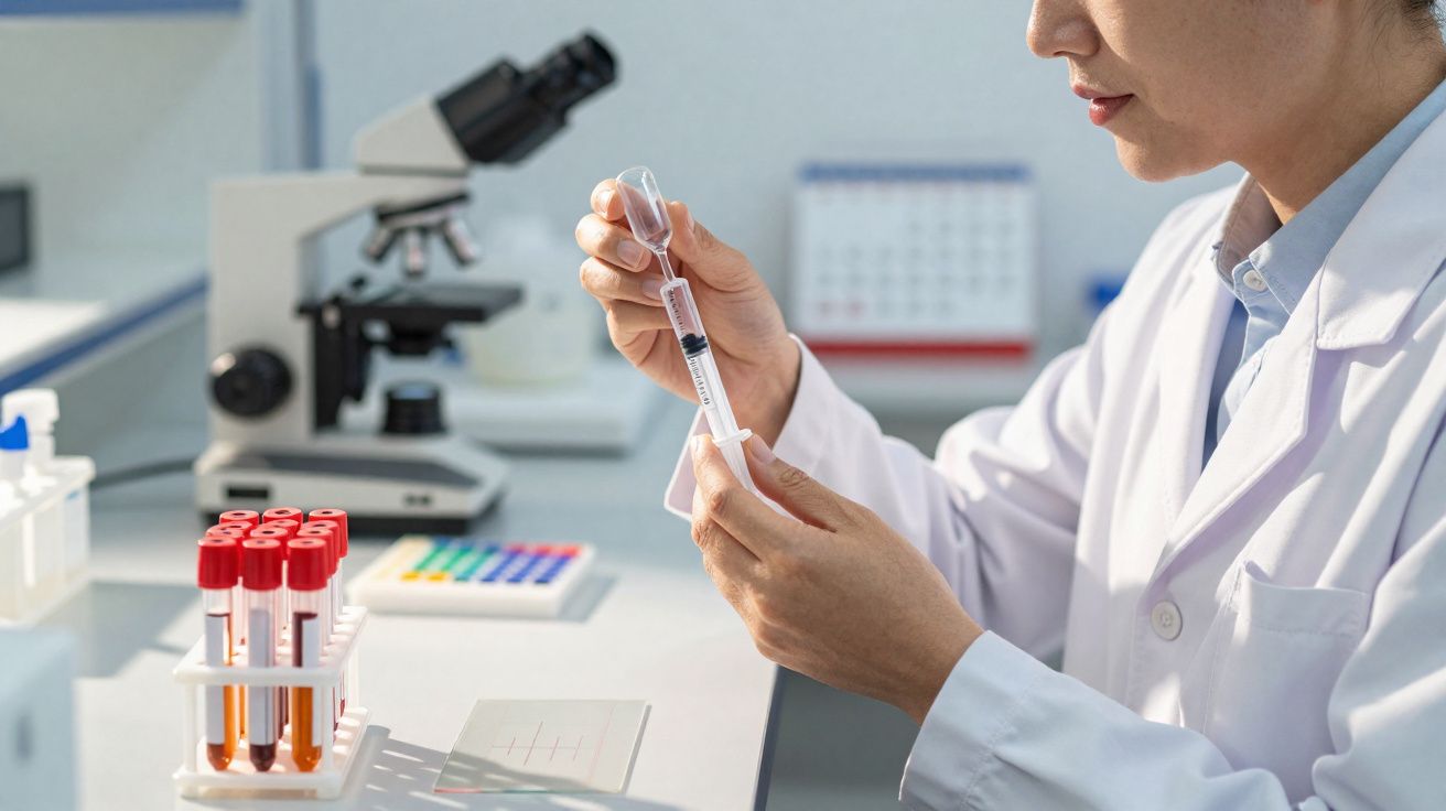 Cientista em bata branca a preparar uma seringa num laboratório com tubos de ensaio e microscópio ao fundo.
