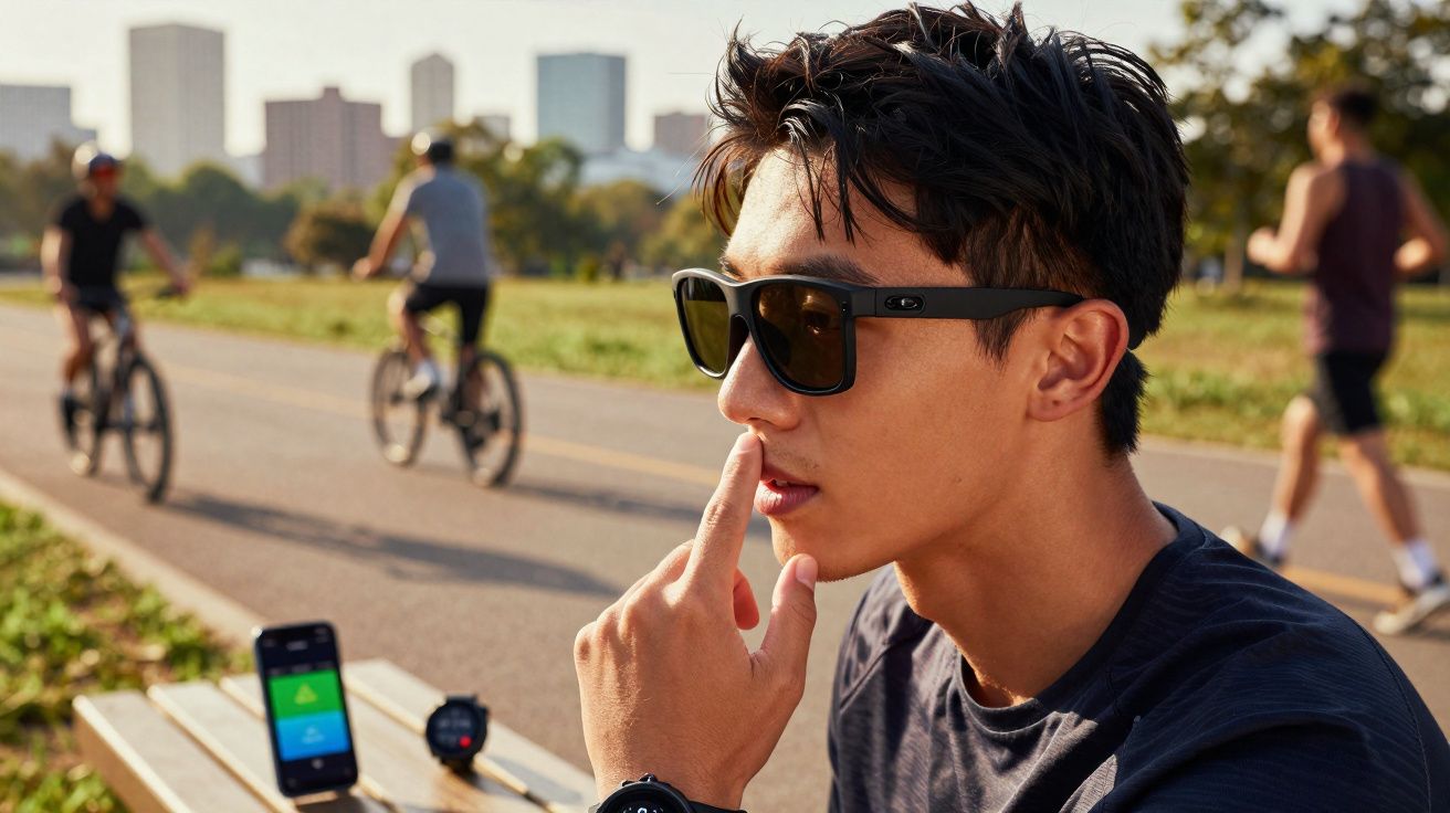 Jovem com óculos escuros sentado num parque com ciclistas e corredores ao fundo.