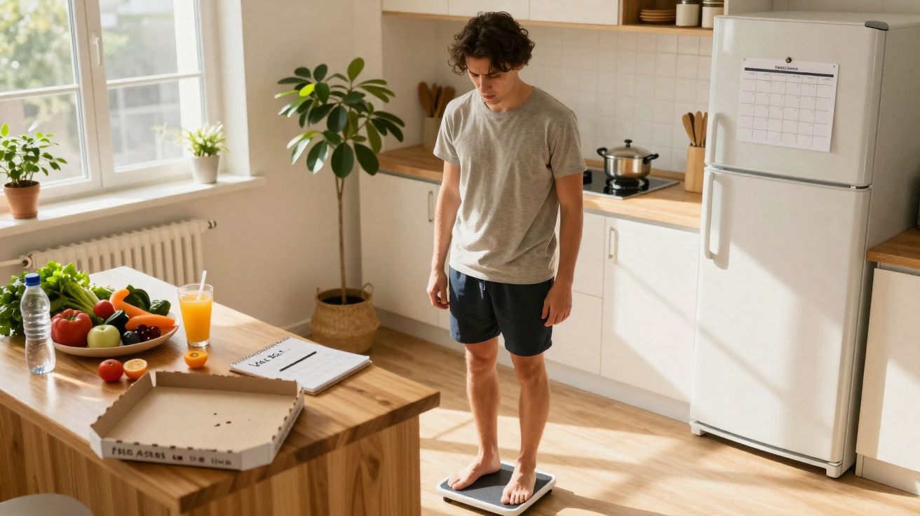 Jovem descalço de pé numa balança na cozinha, com fruta, legumes e sumo na mesa.