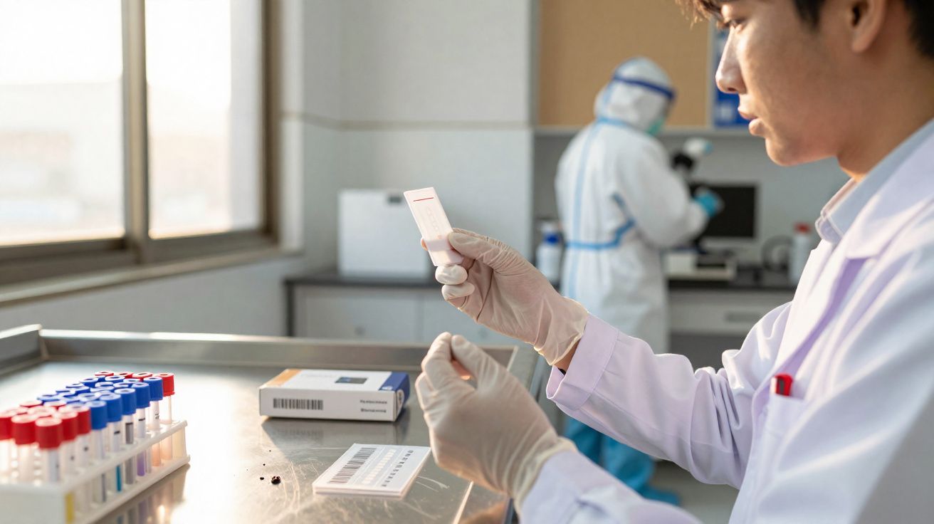 Cientista com bata e luvas analisa teste rápido enquanto outra pessoa com equipamento de proteção trabalha ao fundo.