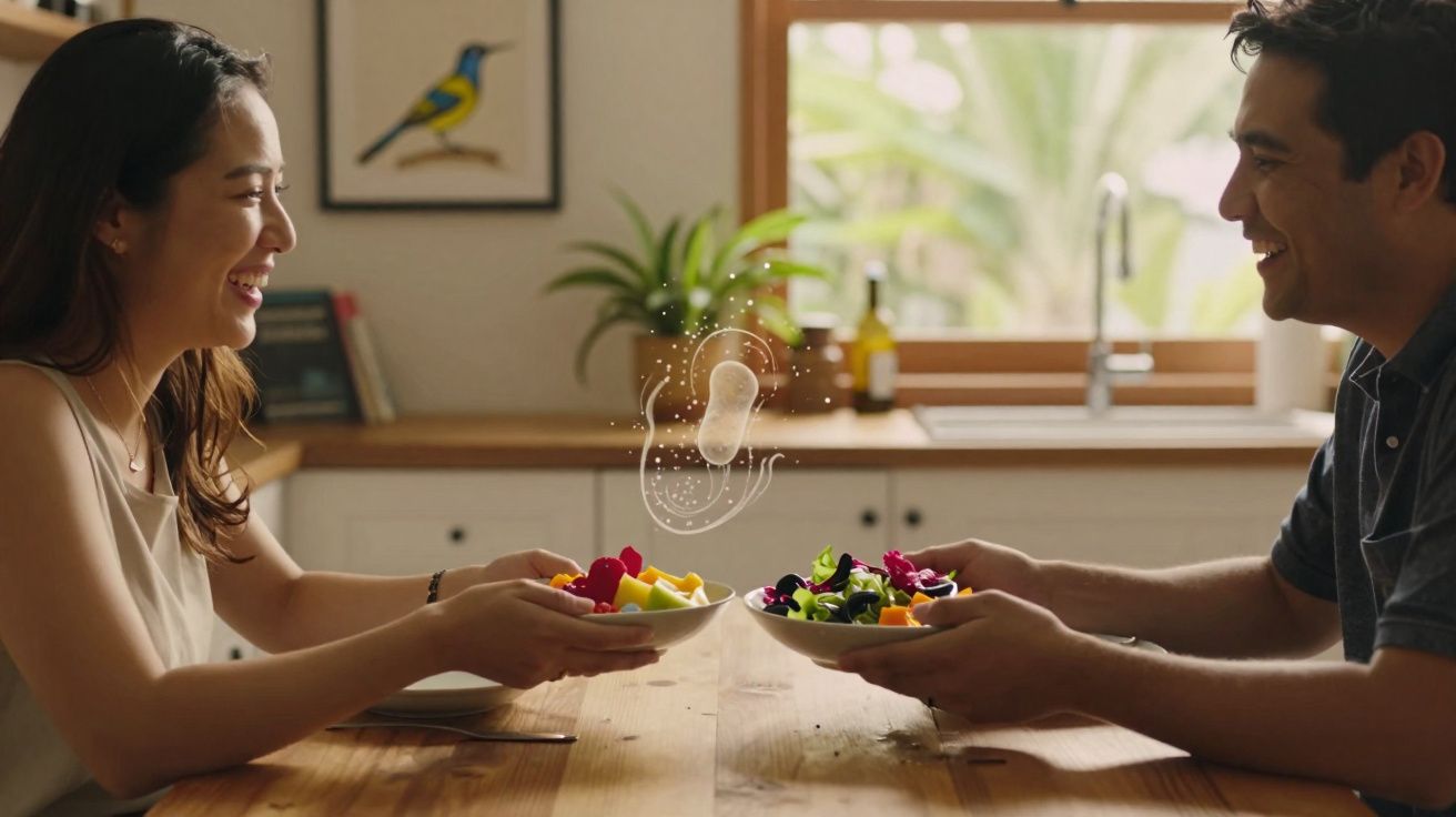 Casal sorridente sentado à mesa de madeira a trocar pratos de salada colorida numa cozinha iluminada.